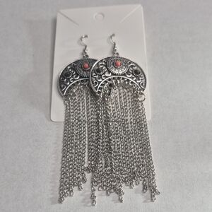Silver Filigree Fringe Earrings with Coral Accent - Women Jewelry